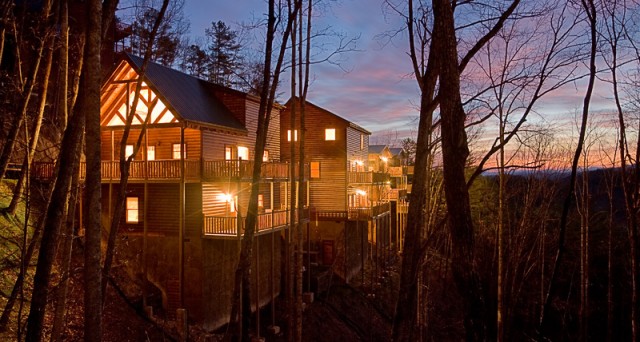 Dawn comes to the log cabin resort